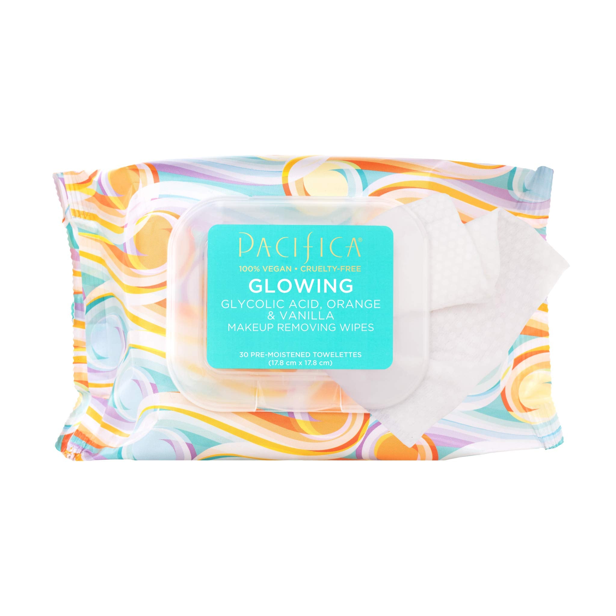 Pacifica Beauty | Glowing Makeup Remover Wipes | Gycolic Acid, Coconut Water, Aloe Infused | Daily Cleansing + Exfoliating | Clean Skin Care | Plant Fiber Facial Towelettes | Vegan + Cruelty Free